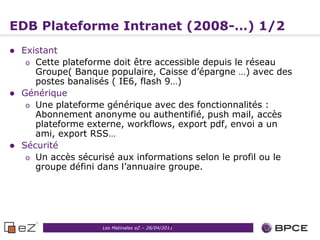EDB Plateforme Intranet (2008-…) 1/2
   Existant
     o Cette plateforme doit être accessible depuis le réseau
       Groupe( Banque populaire, Caisse d’épargne …) avec des
       postes banalisés ( IE6, flash 9…)
   Générique
     o Une plateforme générique avec des fonctionnalités :
       Abonnement anonyme ou authentifié, push mail, accès
       plateforme externe, workflows, export pdf, envoi a un
       ami, export RSS…
   Sécurité
     o Un accès sécurisé aux informations selon le profil ou le
       groupe défini dans l’annuaire groupe.




                                                6
                     Les Matinales eZ – 28/04/2011
 