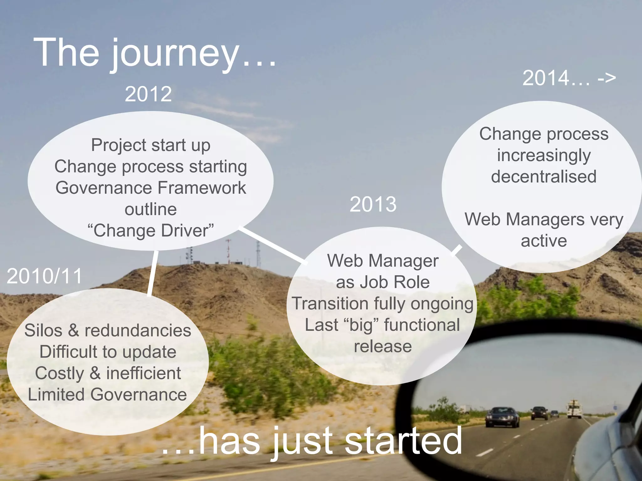 how governance help us in our transition_SemiFinal | Public | © Ericsson AB 2014 | 2014-05-18 | Page 4
The journey…
2010/11
2012
2013
2014… ->
…has just started
Silos & redundancies
Difficult to update
Costly & inefficient
Limited Governance
Project start up
Change process starting
Governance Framework
outline
“Change Driver”
Web Manager
as Job Role
Transition fully ongoing
Last “big” functional
release
Change process
increasingly
decentralised
Web Managers very
active
 