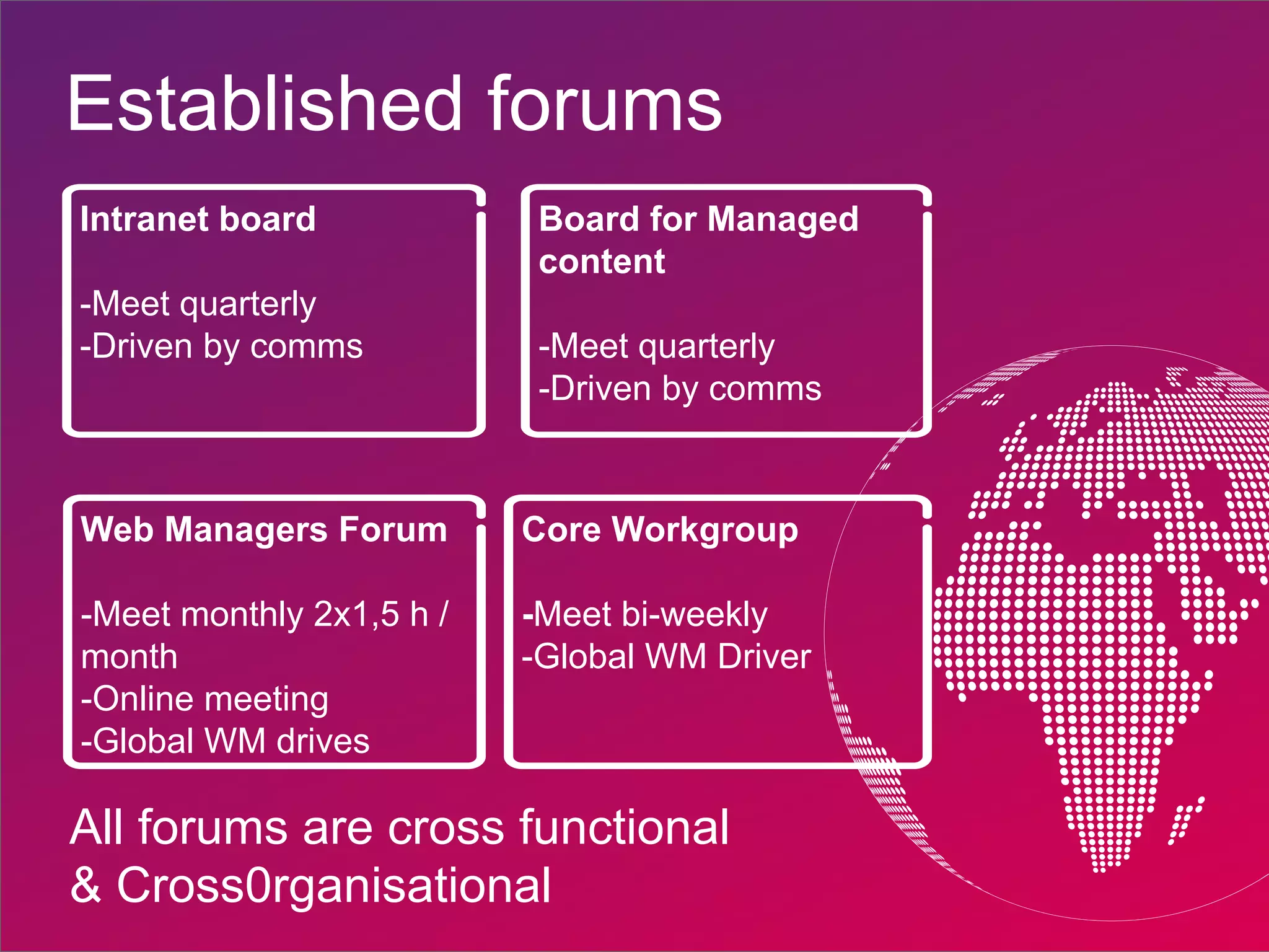 how governance help us in our transition_SemiFinal | Public | © Ericsson AB 2014 | 2014-05-18 | Page 8
Established forums
Board for Managed
content
-Meet quarterly
-Driven by comms
Web Managers Forum
-Meet monthly 2x1,5 h /
month
-Online meeting
-Global WM drives
Intranet board
-Meet quarterly
-Driven by comms
Core Workgroup
-Meet bi-weekly
-Global WM Driver
All forums are cross functional
& Cross0rganisational
 