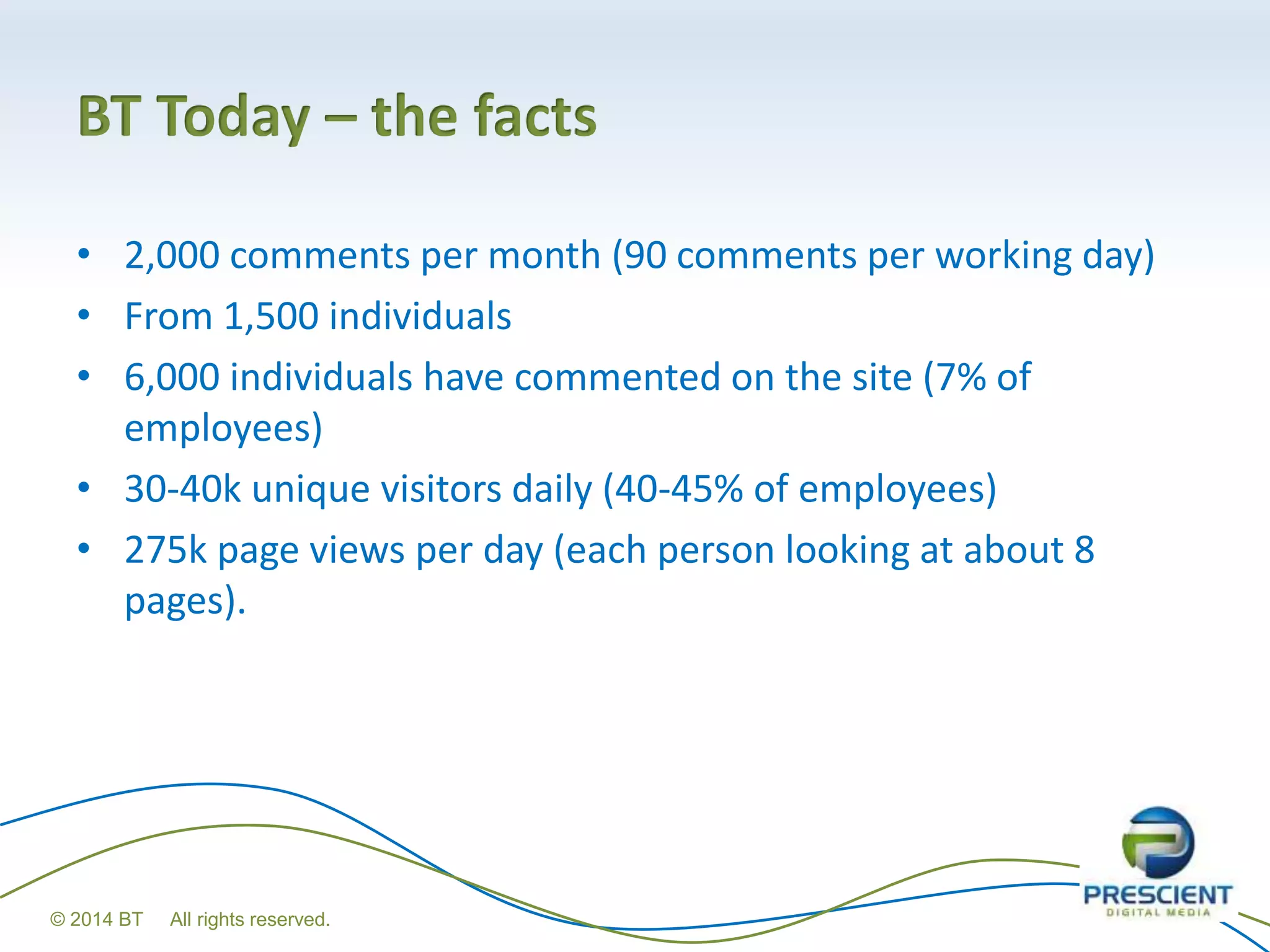 BT Today – the facts
• 2,000 comments per month (90 comments per working day)
• From 1,500 individuals
• 6,000 individuals have commented on the site (7% of
employees)
• 30-40k unique visitors daily (40-45% of employees)
• 275k page views per day (each person looking at about 8
pages).
© 2014 BT All rights reserved.
 