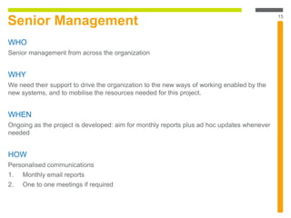 Senior Management
WHO
Senior management from across the organization
WHY
We need their support to drive the organization to the new ways of working enabled by the
new systems, and to mobilise the resources needed for this project.
WHEN
Ongoing as the project is developed: aim for monthly reports plus ad hoc updates whenever
needed
HOW
Personalised communications
1. Monthly email reports
2. One to one meetings if required
15
 