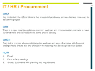 IT / HR / Procurement
WHO
Key contacts in the different teams that provide information or services that are necessary to
deliver this project
WHY
There is a clear need to establish a common roadmap and communication channels to make
sure that there are no impediments to the project delivery
WHEN
Early in the process when establishing the roadmap and ways of working, with frequent
checkpoints to ensure that any change in the roadmap has been agreed by all parties
HOW
1. Email
2. Face to face meetings
3. Shared documents with planning and requirements
20
 