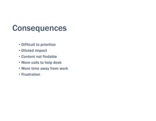 Consequences
• Difficult to prioritize
• Diluted impact
• Content not findable
• More calls to help desk
• More time away from work
• Frustration
 