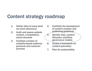 Content strategy roadmap
1. Gather data to know what
we know (discovery)
2. Audit and assess website
content, e-newsletters,
social channels
3. Facilitate creation of
empathy-based audience
personas and customer
journeys
4. Facilitate the development
of content creation and
publishing guidelines
5. Identify roles, content
lifecycles, workflow,
governance models
6. Create a framework for
content promotion
7. Plan for sustainability
 