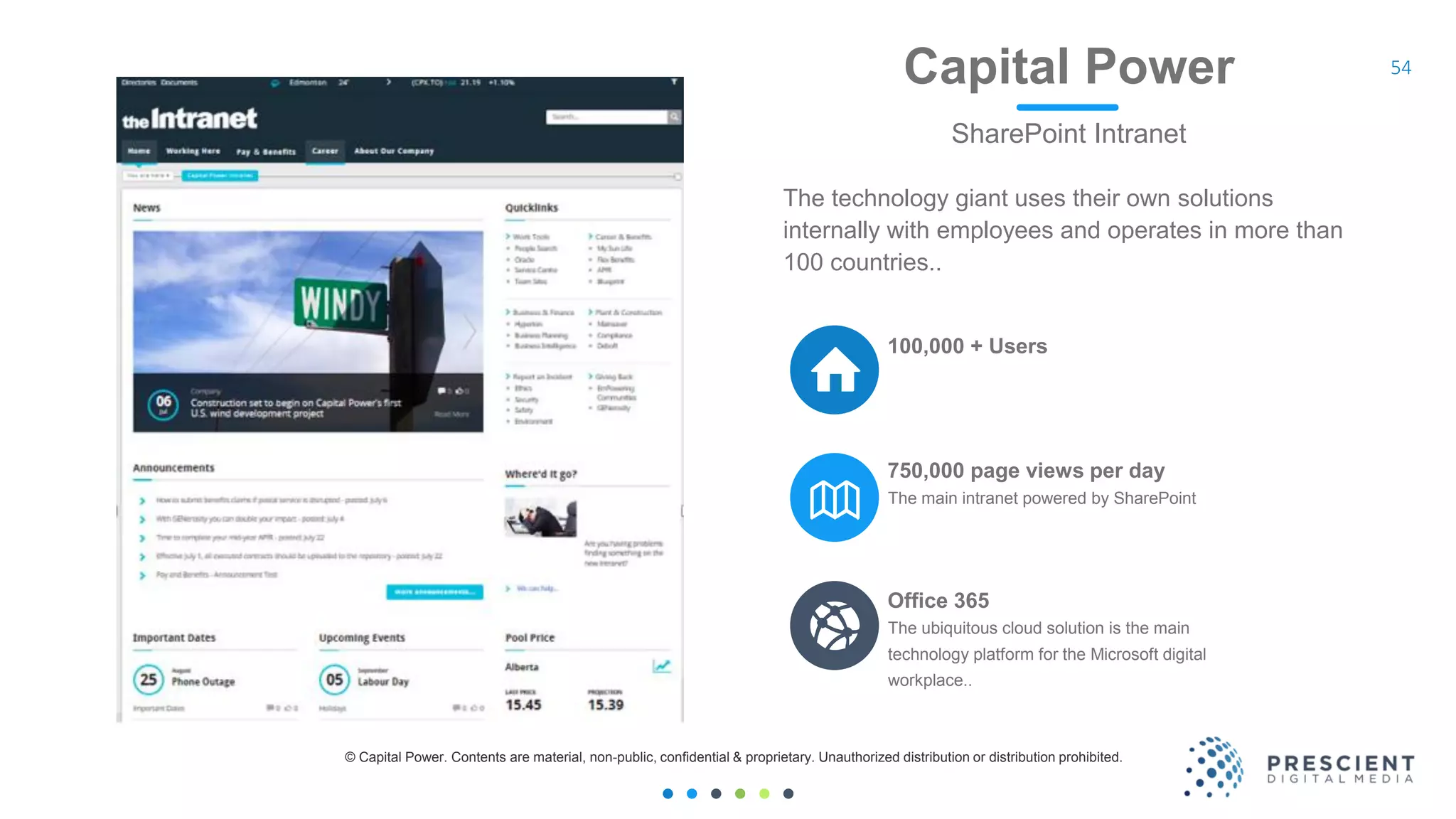 54Capital Power
SharePoint Intranet
The main intranet powered by SharePoint
750,000 page views per day
The ubiquitous cloud solution is the main
technology platform for the Microsoft digital
workplace..
Office 365
100,000 + Users
The technology giant uses their own solutions
internally with employees and operates in more than
100 countries..
© Capital Power. Contents are material, non-public, confidential & proprietary. Unauthorized distribution or distribution prohibited.
 