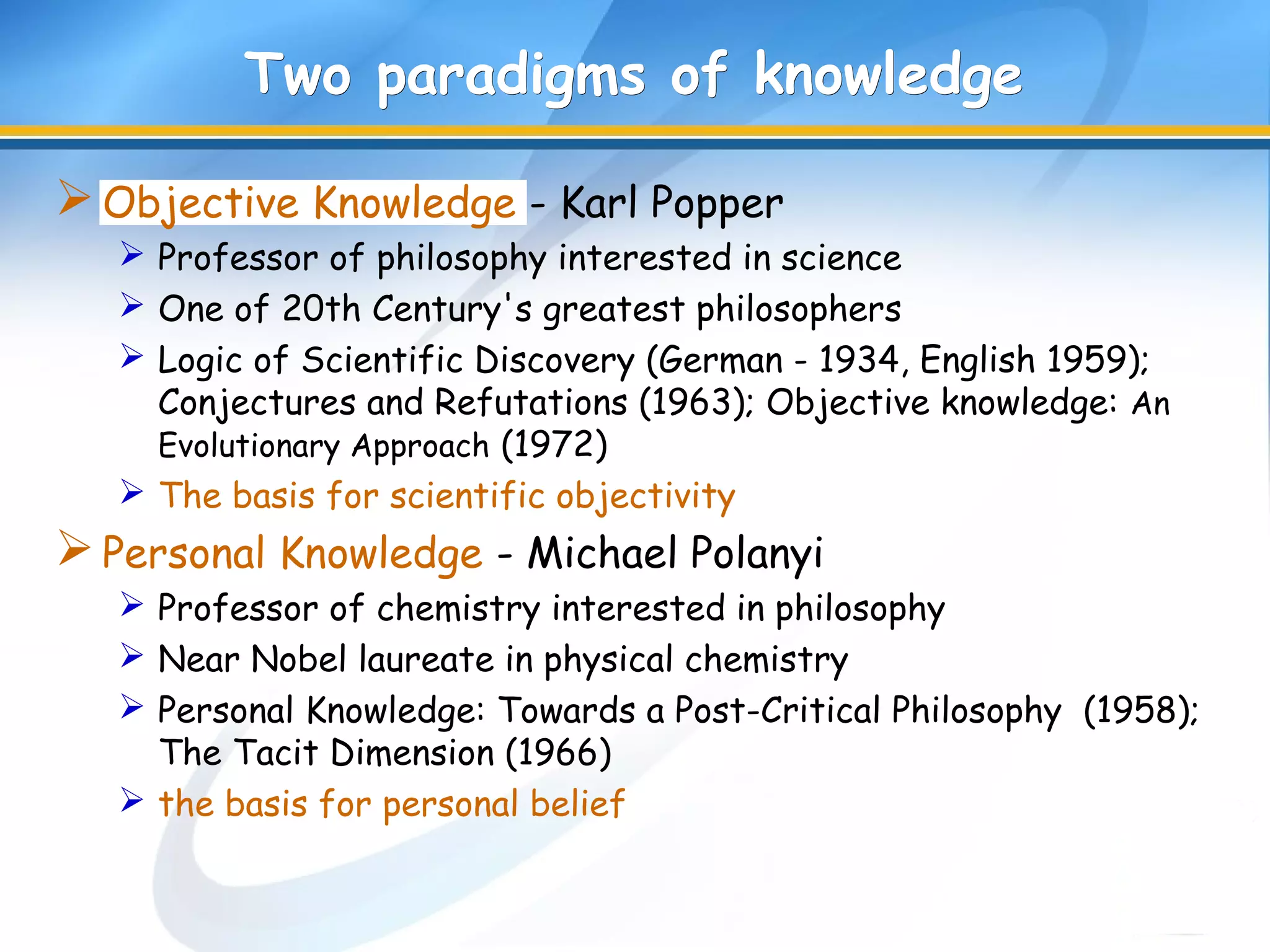 Two paradigms of knowledgeTwo paradigms of knowledge
Objective Knowledge - Karl Popper
 Professor of philosophy interested in science
 One of 20th Century's greatest philosophers
 Logic of Scientific Discovery (German - 1934, English 1959);
Conjectures and Refutations (1963); Objective knowledge: An
Evolutionary Approach (1972)
 The basis for scientific objectivity
Personal Knowledge - Michael Polanyi
 Professor of chemistry interested in philosophy
 Near Nobel laureate in physical chemistry
 Personal Knowledge: Towards a Post-Critical Philosophy (1958);
The Tacit Dimension (1966)
 the basis for personal belief
 