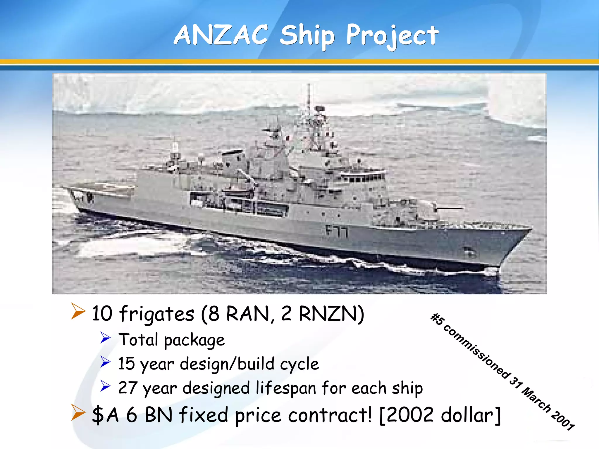 #5
com
m
issioned
31
M
arch
2001
ANZAC Ship ProjectANZAC Ship Project
10 frigates (8 RAN, 2 RNZN)
 Total package
 15 year design/build cycle
 27 year designed lifespan for each ship
$A 6 BN fixed price contract! [2002 dollar]
 