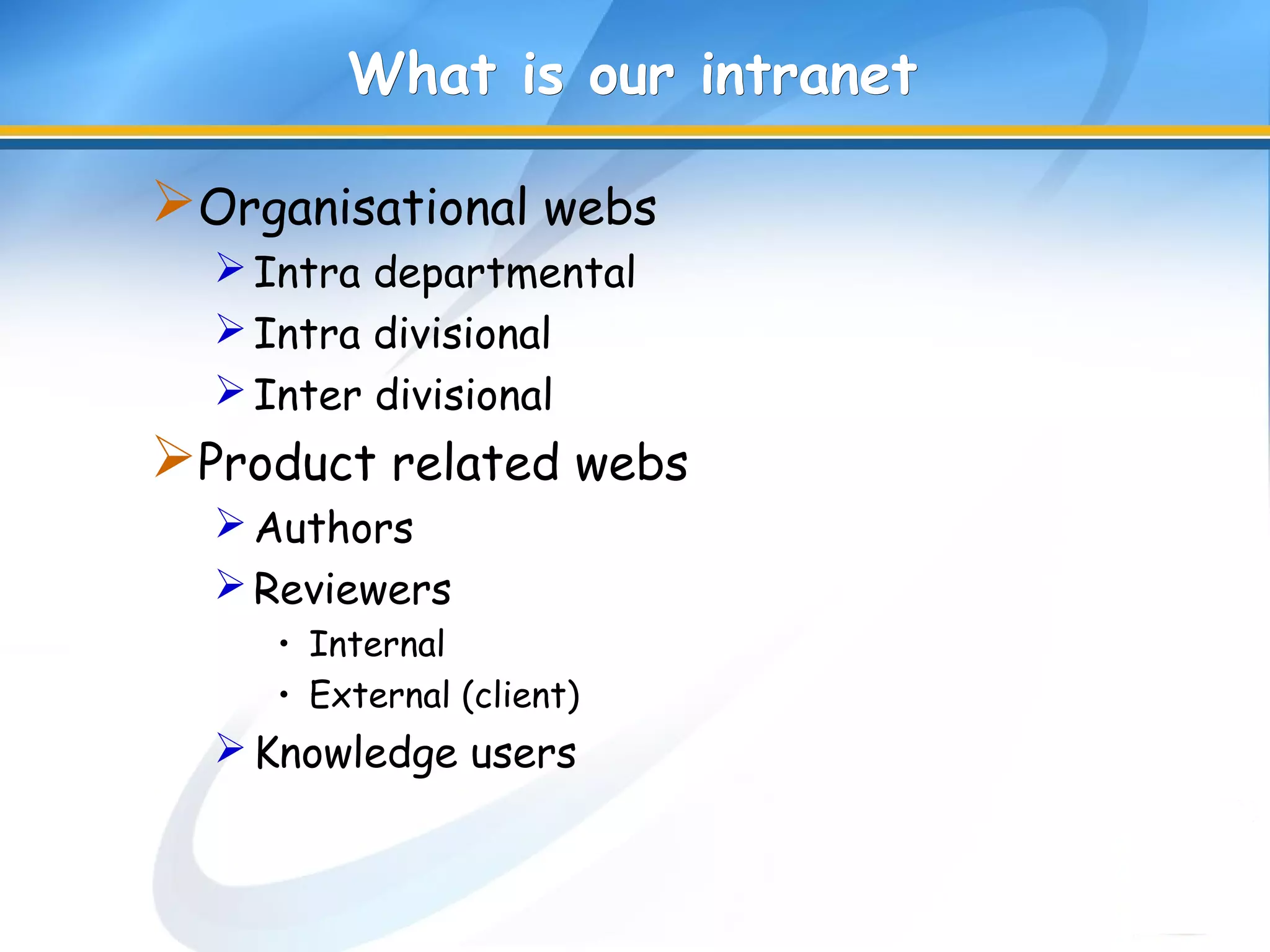 What is our intranetWhat is our intranet
Organisational webs
Intra departmental
Intra divisional
Inter divisional
Product related webs
Authors
Reviewers
• Internal
• External (client)
Knowledge users
 