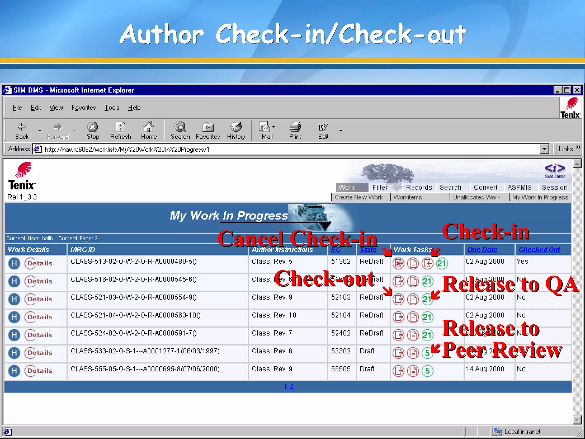 Author Check-in/Check-outAuthor Check-in/Check-out
Check-inCheck-inCancel Check-inCancel Check-in
Release to QARelease to QACheck-outCheck-out
Release toRelease to
Peer ReviewPeer Review



 