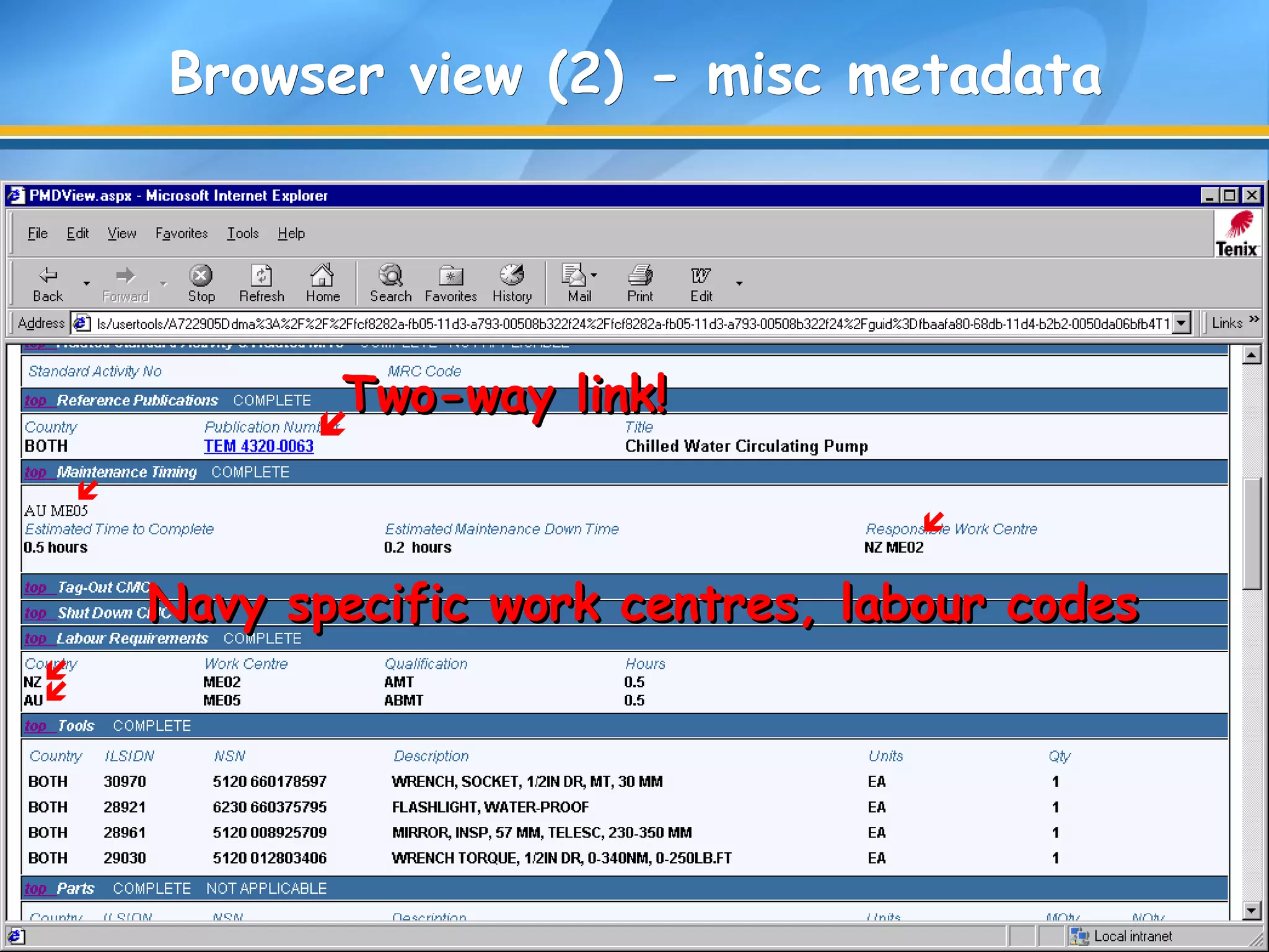 Browser view (2) - misc metadataBrowser view (2) - misc metadata
Two-way link!Two-way link!

Navy specific work centres, labour codesNavy specific work centres, labour codes




 
