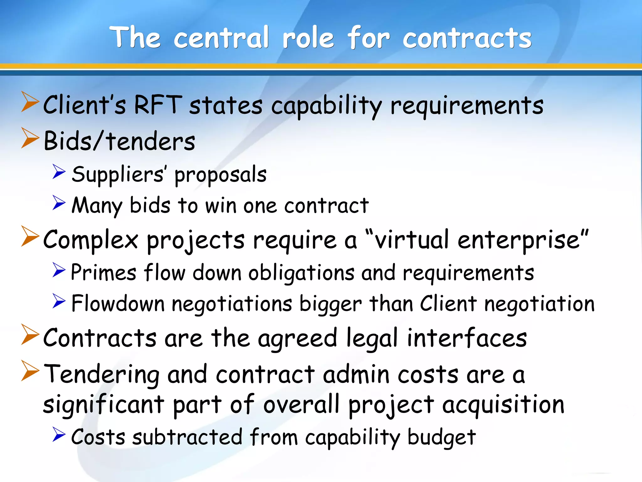 The central role for contractsThe central role for contracts
Client’s RFT states capability requirements
Bids/tenders
Suppliers’ proposals
Many bids to win one contract
Complex projects require a “virtual enterprise”
Primes flow down obligations and requirements
Flowdown negotiations bigger than Client negotiation
Contracts are the agreed legal interfaces
Tendering and contract admin costs are a
significant part of overall project acquisition
Costs subtracted from capability budget
 