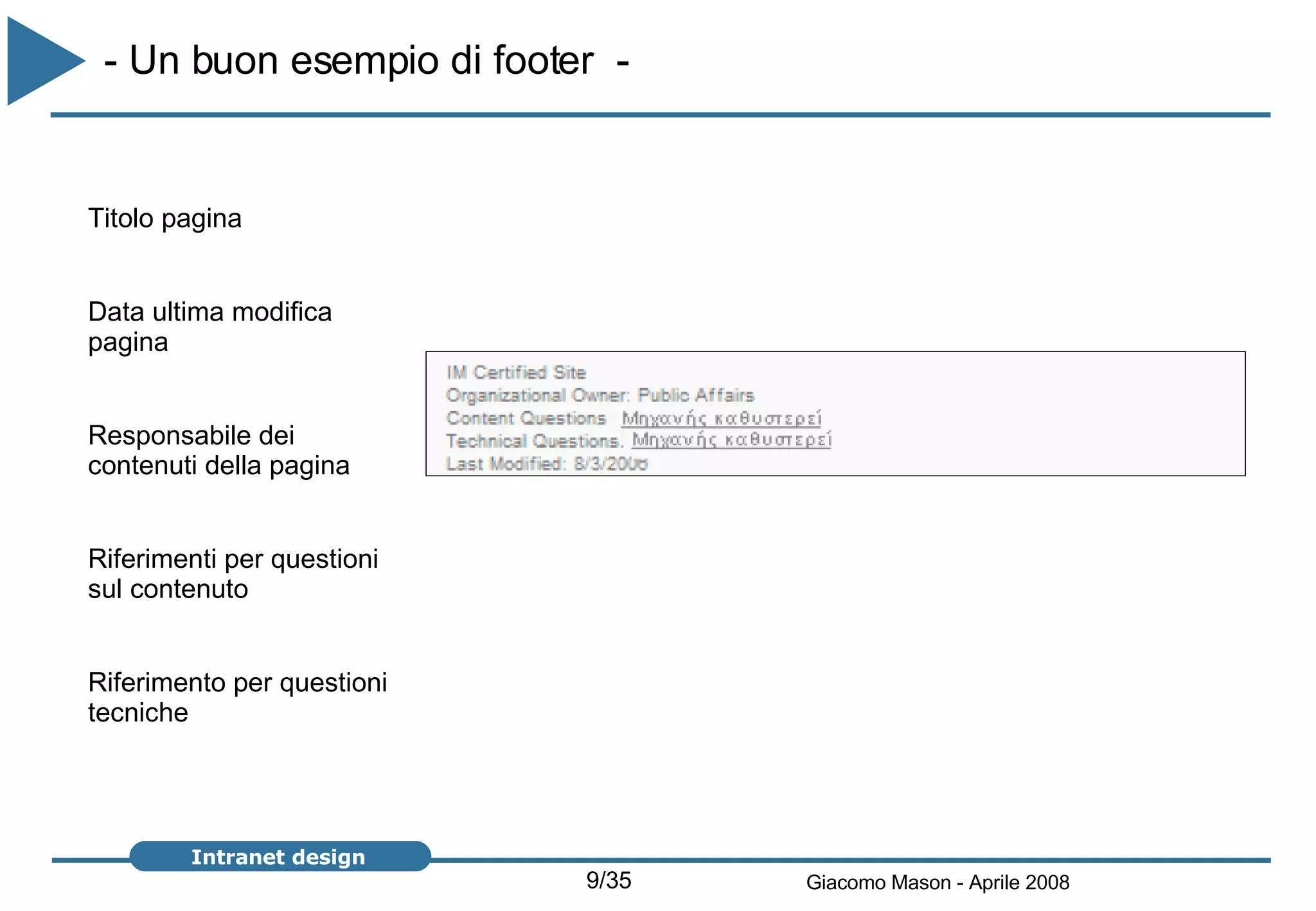 - Un buon esempio di footer  -  Titolo pagina Data ultima modifica pagina Responsabile dei contenuti della pagina Riferimenti per questioni sul contenuto Riferimento per questioni tecniche 