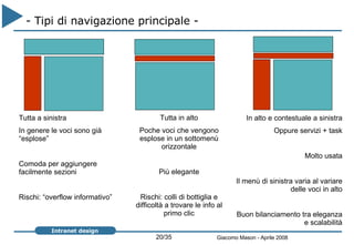 - Tipi di navigazione principale -  Tutta a sinistra In genere le voci sono già “esplose” Comoda per aggiungere facilmente sezioni Rischi: “overflow informativo” Tutta in alto Poche voci che vengono esplose in un sottomenù orizzontale Più elegante Rischi: colli di bottiglia e difficoltà a trovare le info al primo clic In alto e contestuale a sinistra Oppure servizi + task Molto usata Il menù di sinistra varia al variare delle voci in alto Buon bilanciamento tra eleganza e scalabilità 
