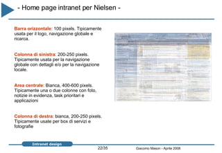 Barra orizzontale : 100 pixels. Tipicamente usata per il logo, navigazione globale e ricarca.  Colonna di sinistra : 200-250 pixels. Tipicamente usata per la navigazione globale con dettagli e/o per la navigazione locale.  Area centrale : Bianca, 400-600 pixels. Tipicamente una o due colonne con foto, notizie in evidenza, task prioritari e applicazioni  Colonna di destra : bianca, 200-250 pixels. Tipicamente usate per box di servizi e fotografie - Home page intranet per Nielsen -  