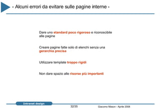 - Alcuni errori da evitare sulle pagine interne -  Dare uno  standard poco rigoroso  e riconoscibile alle pagine Creare pagine fatte solo di elenchi senza una  gerarchia precisa Utilizzare template  troppo rigidi Non dare spazio alle  risorse più importanti  
