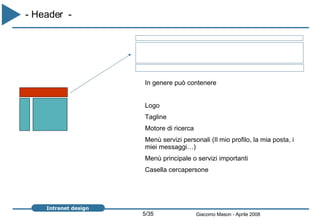 - Header  -  In genere può contenere Logo Tagline Motore di ricerca Menù servizi personali (Il mio profilo, la mia posta, i miei messaggi…) Menù principale o servizi importanti Casella cercapersone 