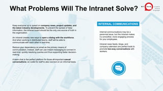 Keep everyone up to speed on company news, project updates, and
the latest industry developments. To prevent the spread of false
information, the intranet board should be the only one source of truth in
the organization.
An intranet creates new ways to open a dialog with the workforce.
And when working in distributed teams, staff will be able to
communicate with each other in real-time.
Reduce your dependency on email as the primary means of
communication. Instead, staff can use instant messaging to connect in
real-time: quickly resolving queries and thus supporting faster decision-
making.
A team chat is the perfect platform for those all-important casual
conversations: an outlet for staff to also connect on an informal basis.
What Problems Will The Intranet Solve?
Internal communications may be a
perennial issue, but the intranet makes
it a smoother, more engaging process
for your employees.
Intranet news feeds, blogs, and
company calendars are perfect tools to
promote two-way conversations with
workers.
INTERNAL COMMUNICATIONS
 