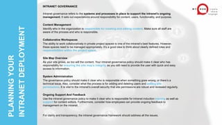 PLANNING
YOUR
INTRANET
DEPLOYMENT
INTRANET GOVERNANCE
Intranet governance refers to the systems and processes in place to support the intranet’s ongoing
management. It sets out expectations around responsibility for content, users, functionality, and purpose.
Content Management
Identify who in the organization is responsible for creating and editing content. Make sure all staff are
aware of the process and who is responsible.
Collaborative Workspaces
The ability to work collaboratively in private project spaces is one of the intranet’s best features. However,
these spaces need to be managed appropriately. It’s a good idea to think about clearly defined roles and
responsibilities within the project space.
Site Map Overview
As your site grows, so too will the content. Your intranet governance policy should make it clear who has
responsibility for ensuring the site map’s integrity as you still need to provide the user with quick and easy
access to information.
System Administration
The governance policy should make it clear who is responsible when something goes wrong, or there’s a
technical issue. Also, consider what the process is for adding and deleting users and setting site
permissions. It is vital to the intranet’s overall security that site permissions are robust and reviewed regularly.
Ongoing Support And Feedback
Use the intranet governance policy to make it clear who is responsible for intranet induction training as well as
support for content editors. Furthermore, consider how employees can provide ongoing feedback to
management on the intranet.
For clarity and transparency, the intranet governance framework should address all the issues.
 