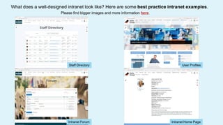 Intranet Home Page
Staff Directory
What does a well-designed intranet look like? Here are some best practice intranet examples.
Please find bigger images and more information here.
Intranet Forum
User Profiles
Intranet Home Page
 