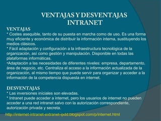 VENTAJAS Y DESVENTAJAS
                           INTRANET
VENTAJAS
* Costes asequible, tanto de su puesta en marcha como de uso. Es una forma
muy eficiente y económica de distribuir la información interna, sustituyendo los
medios clásicos.
* Fácil adaptación y configuración a la infraestructura tecnológica de la
organización, así como gestión y manipulación. Disponible en todas las
plataformas informáticas.
•Adaptación a las necesidades de diferentes niveles: empresa, departamento,
área de negocio, etc. Centraliza el acceso a la información actualizada de la
organización, al mismo tiempo que puede servir para organizar y acceder a la
información de la competencia dispuesta en internet.

DESVENTAJAS
* Las inversiones iníciales son elevadas.
* Intranet puede acceder a internet, pero los usuarios de internet no pueden
acceder a una red intranet salvo con la autorización correspondiente,
autorización privada y secreta.
http://internet-intranet-extranet-ipdd.blogspot.com/p/internet.html
 