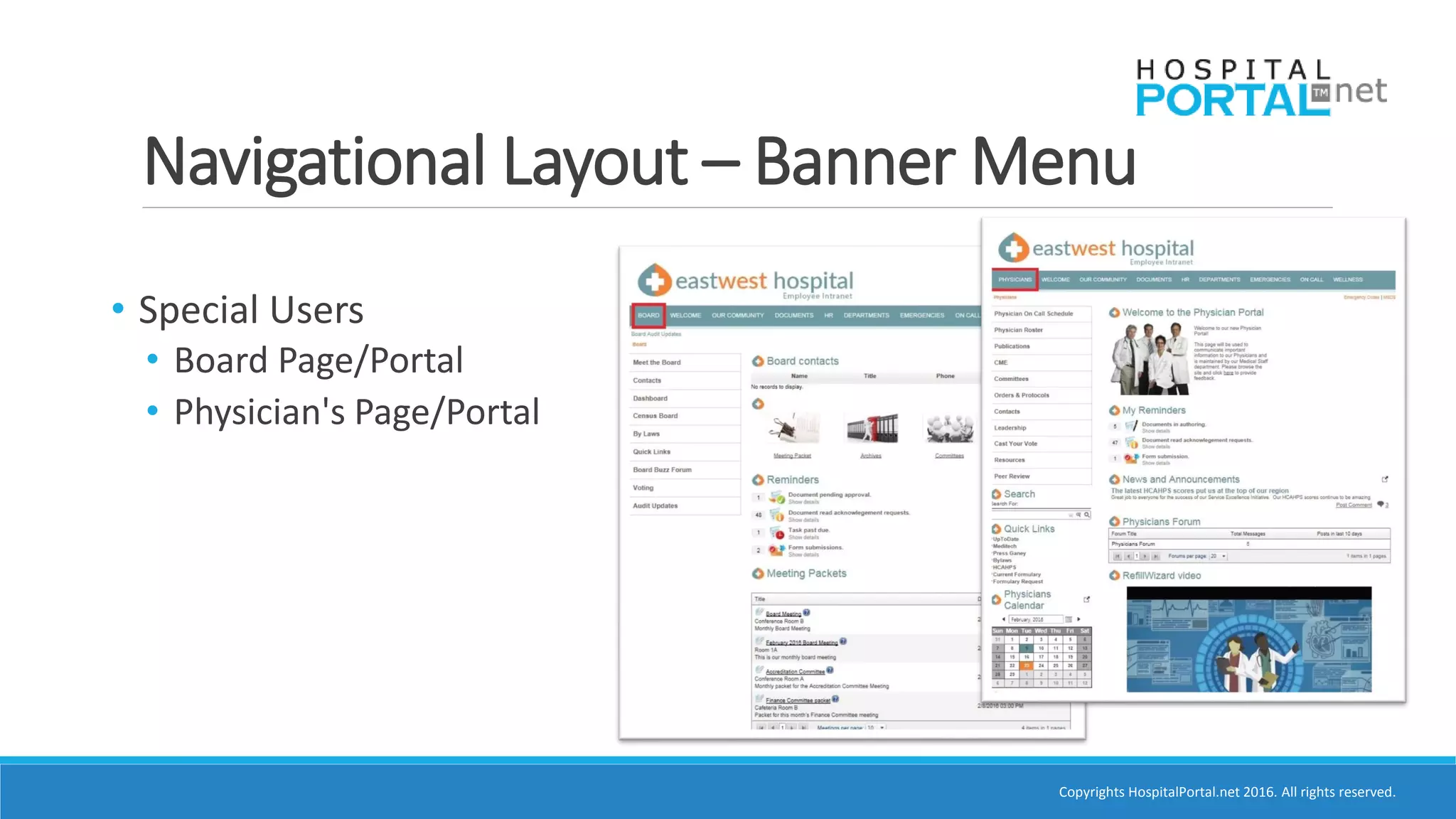 Copyrights HospitalPortal.net 2016. All rights reserved.
Navigational Layout – Banner Menu
• Special Users
• Board Page/Portal
• Physician's Page/Portal
 