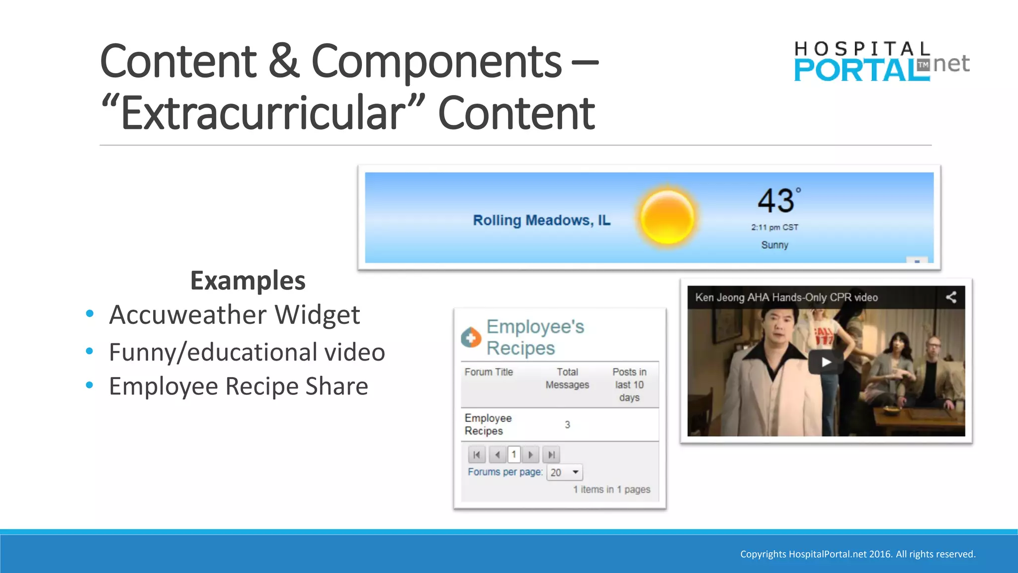 Copyrights HospitalPortal.net 2016. All rights reserved.
Content & Components –
“Extracurricular” Content
Examples
• Accuweather Widget
• Funny/educational video
• Employee Recipe Share
 