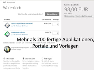 (c) 2013 UNITED PLANET, FREIBURG – DEUTSCHLAND. ALLE RECHTE VORBEHALTEN. INTREXX UND UNITED PLANET SIND EINGETRAGENE MARKEN.
Mehr als 200 fertige Applikationen,
Portale und Vorlagen
 