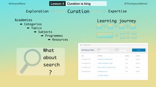 @ThompsonSimon#IntranetNow Lesson 4 Curation is king
Academies 
➡ Categories 
➡ Topics 
➡ Subjects
➡ Programmes
➡ Resources
CurationExploration Expertise
Learning journey
What 
about 
search 
?
 