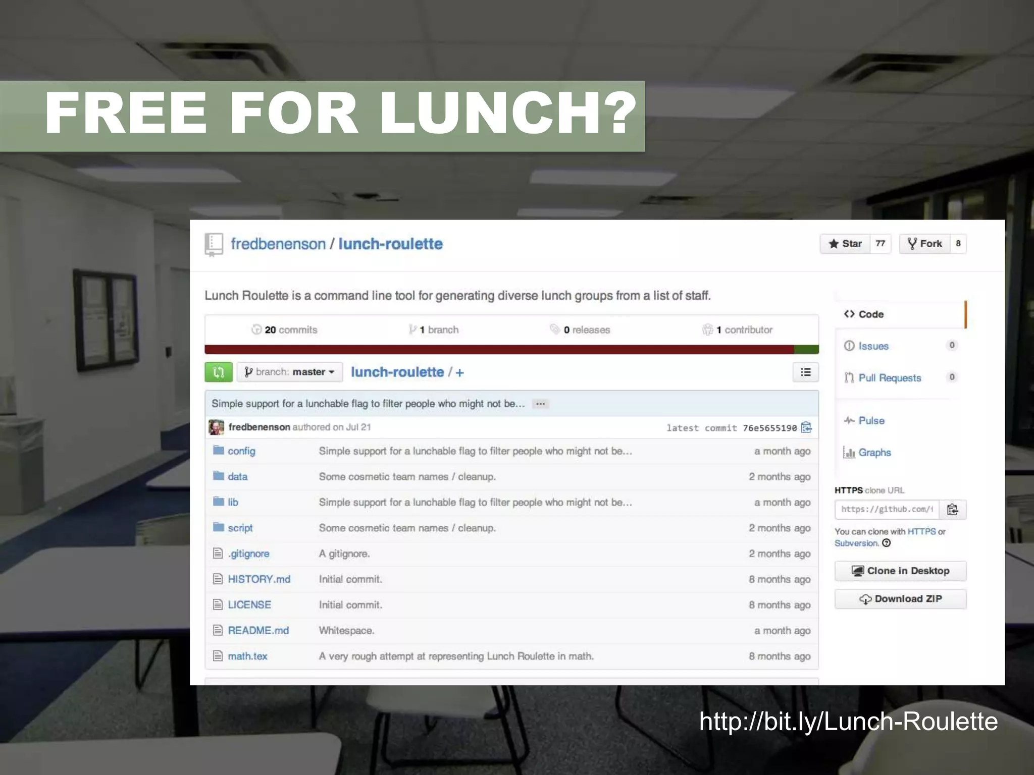 FREE FOR LUNCH? 
http://bit.ly/Lunch-Roulette 
 