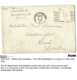 Who knows about
the Beijing documents?
George
Harold
IngridKevin
Liza
Or even guessing ”Who MIGHT know anything about the Beijing documents?”
And that’s the reason, if I ask you about the Beijing docs, and you say
”Yeah, there ﬁled at K-disc slash projects, slash, China slash 2012 slash
Finished slash background”
then I will say... ” Could you mail it to me?”
 