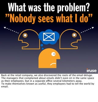 too much ”information”...
... not enough feedbackThere is much to say about this, many implications to be drawn. I’ll just add one
thing;
Today, we’re drowning in a sea of ”information”. Numbers, quantiﬁed goals,
measurements, the ”new public managment”. There is a cult of ”information”.
But a serious lack of feedback.
 