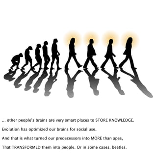 ... other people’s brains are very smart places to STORE KNOWLEDGE.
Evolution has optimized our brains for social use.
And that is what turned our predecessors into MORE than apes,
That TRANSFORMED them into people. Or in some cases, beetles.
 