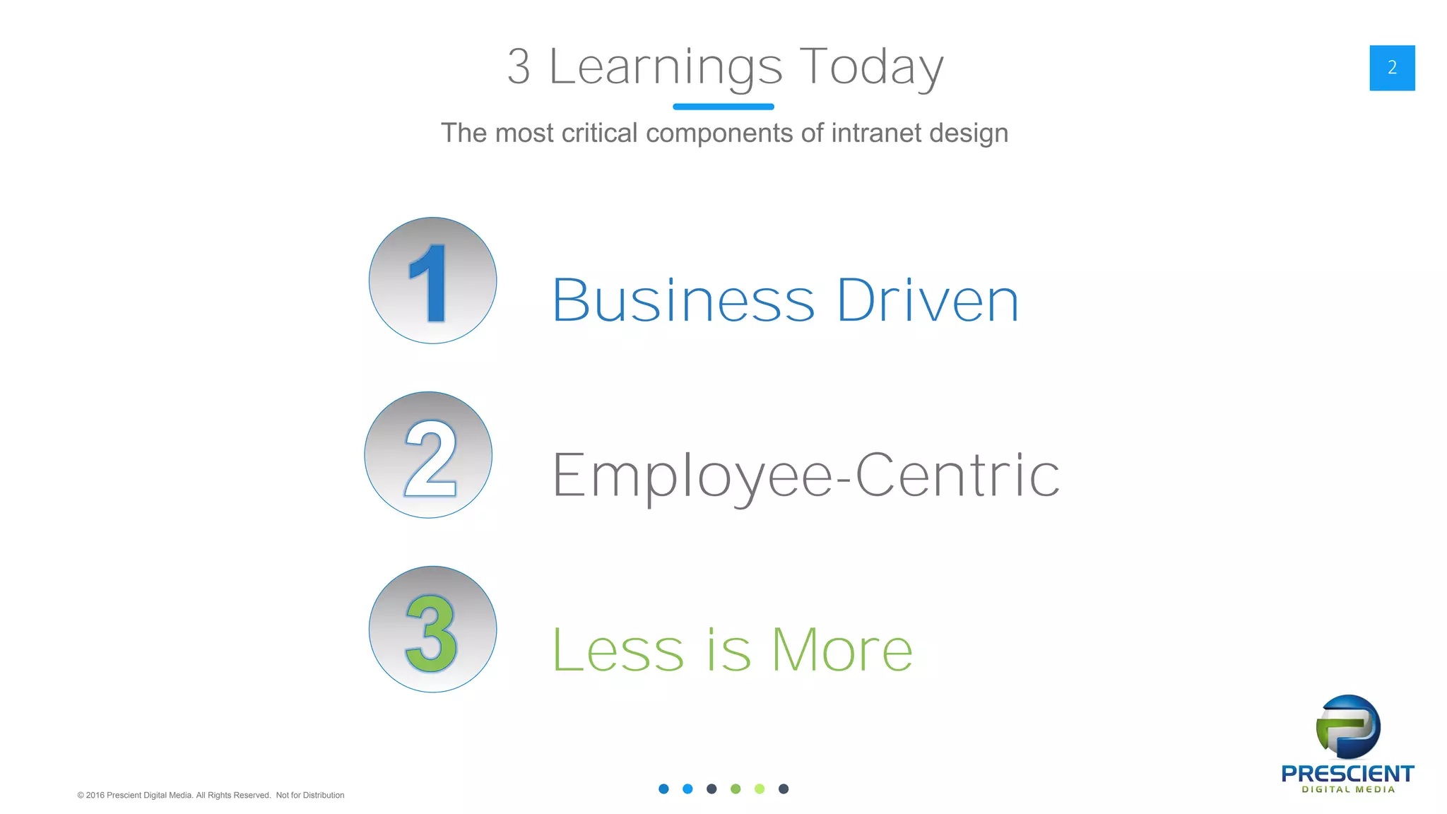 © 2016 Prescient Digital Media. All Rights Reserved. Not for Distribution
2
Business Driven
Employee-Centric
Less is More
3 Learnings Today
The most critical components of intranet design
 