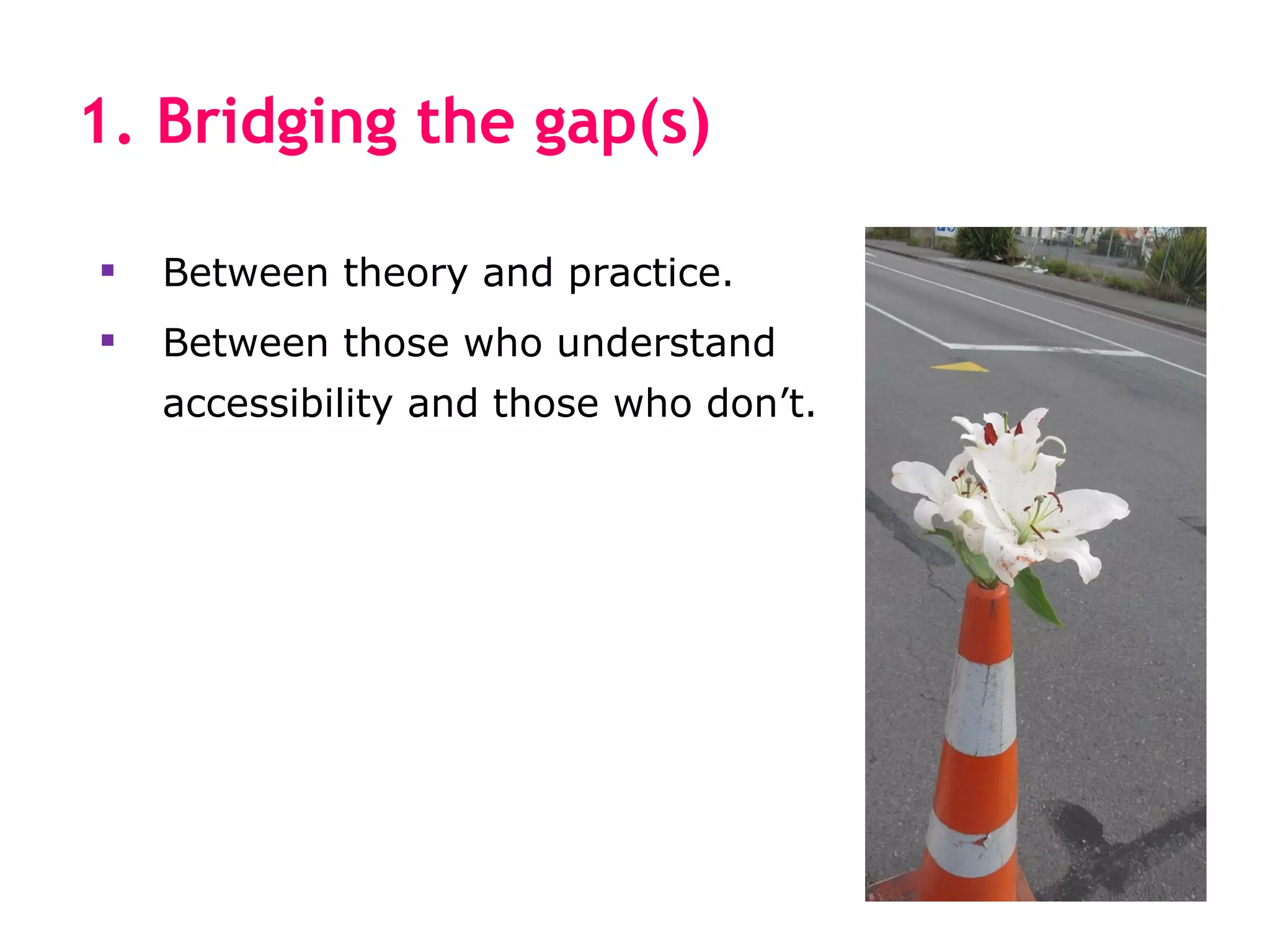 1. Bridging the gap(s)

   Between theory and practice.
   Between those who understand
    accessibility and those who don’t.
 