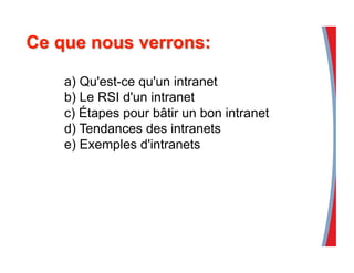 a) Qu'est-ce qu'un intranet
b) Le RSI d'un intranet
c) Étapes pour bâtir un bon intranet
d) Tendances des intranets
e) Exemples d'intranets
 