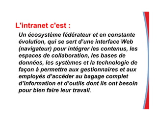 L'intranet c'est :
Un écosystème fédérateur et en constante
évolution, qui se sert d’une interface Web
(navigateur) pour intégrer les contenus, les
espaces de collaboration, les bases de
données, les systèmes et la technologie de
façon à permettre aux gestionnaires et aux
employés d’accéder au bagage complet
d’information et d’outils dont ils ont besoin
pour bien faire leur travail.
 