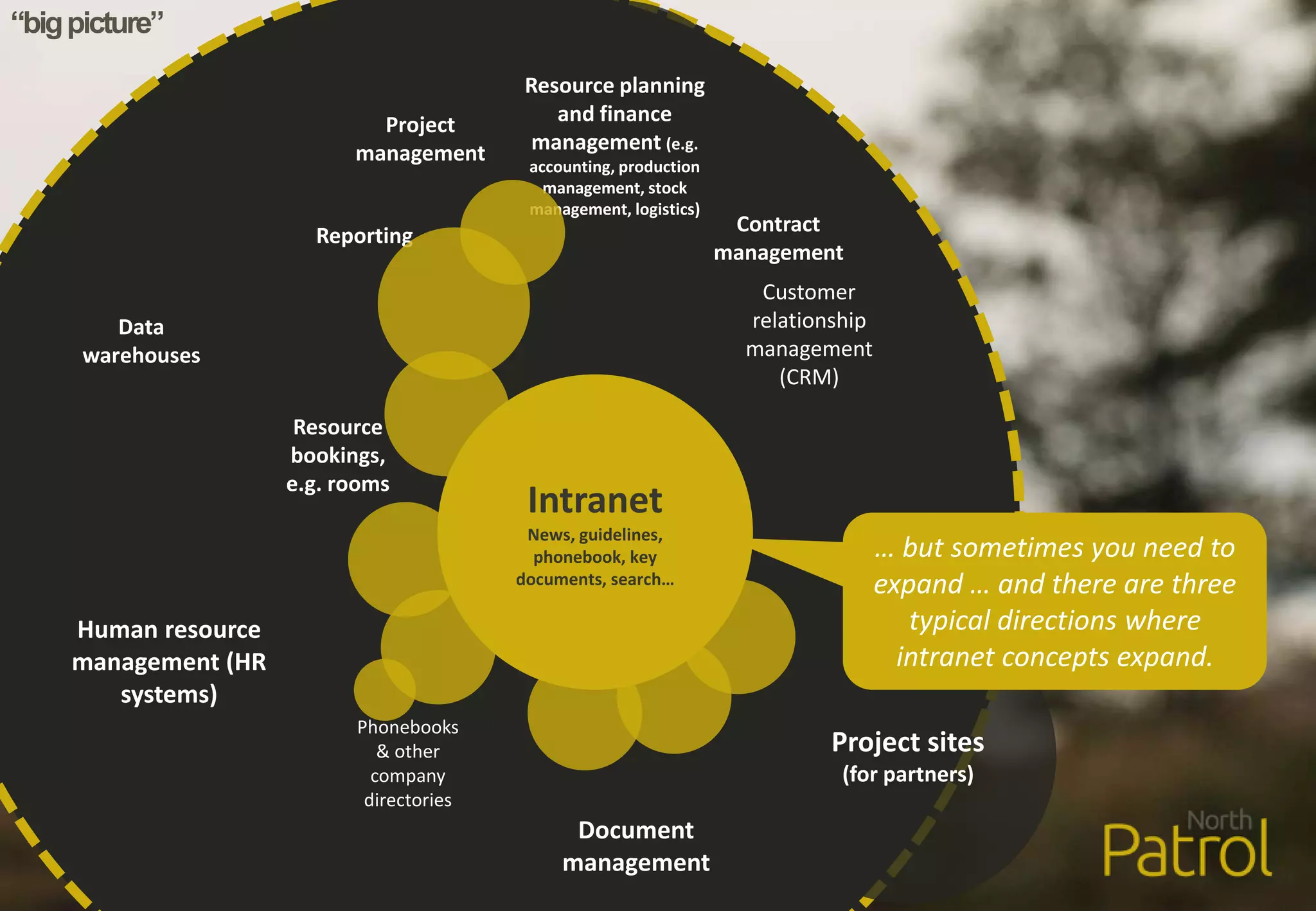 Human resource
management (HR
systems)
Phonebooks
& other
company
directories
Resource planning
and finance
management (e.g.
accounting, production
management, stock
management, logistics)
Customer
relationship
management
(CRM)
Project sites
(for partners)
Document
management
Reporting
Data
warehouses
“bigpicture”
Project
management
Contract
management
Resource
bookings,
e.g. rooms
Intranet
News, guidelines,
phonebook, key
documents, search…
… but sometimes you need to
expand … and there are three
typical directions where
intranet concepts expand.
 