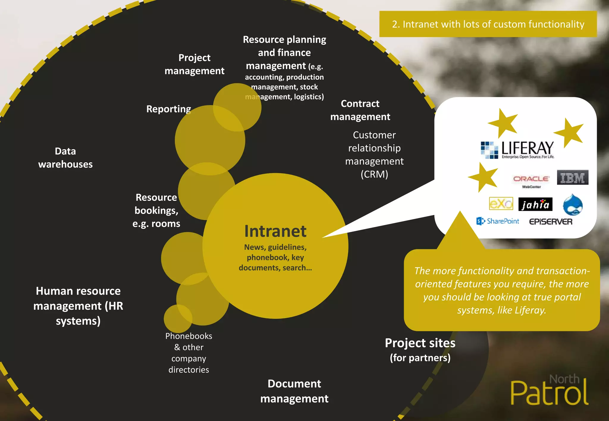 Human resource
management (HR
systems)
Phonebooks
& other
company
directories
Resource planning
and finance
management (e.g.
accounting, production
management, stock
management, logistics)
Customer
relationship
management
(CRM)
Project sites
(for partners)
Document
management
Reporting
Data
warehouses
Project
management
Contract
management
Resource
bookings,
e.g. rooms
Intranet
News, guidelines,
phonebook, key
documents, search…
2. Intranet with lots of custom functionality
The more functionality and transaction-
oriented features you require, the more
you should be looking at true portal
systems, like Liferay.
 