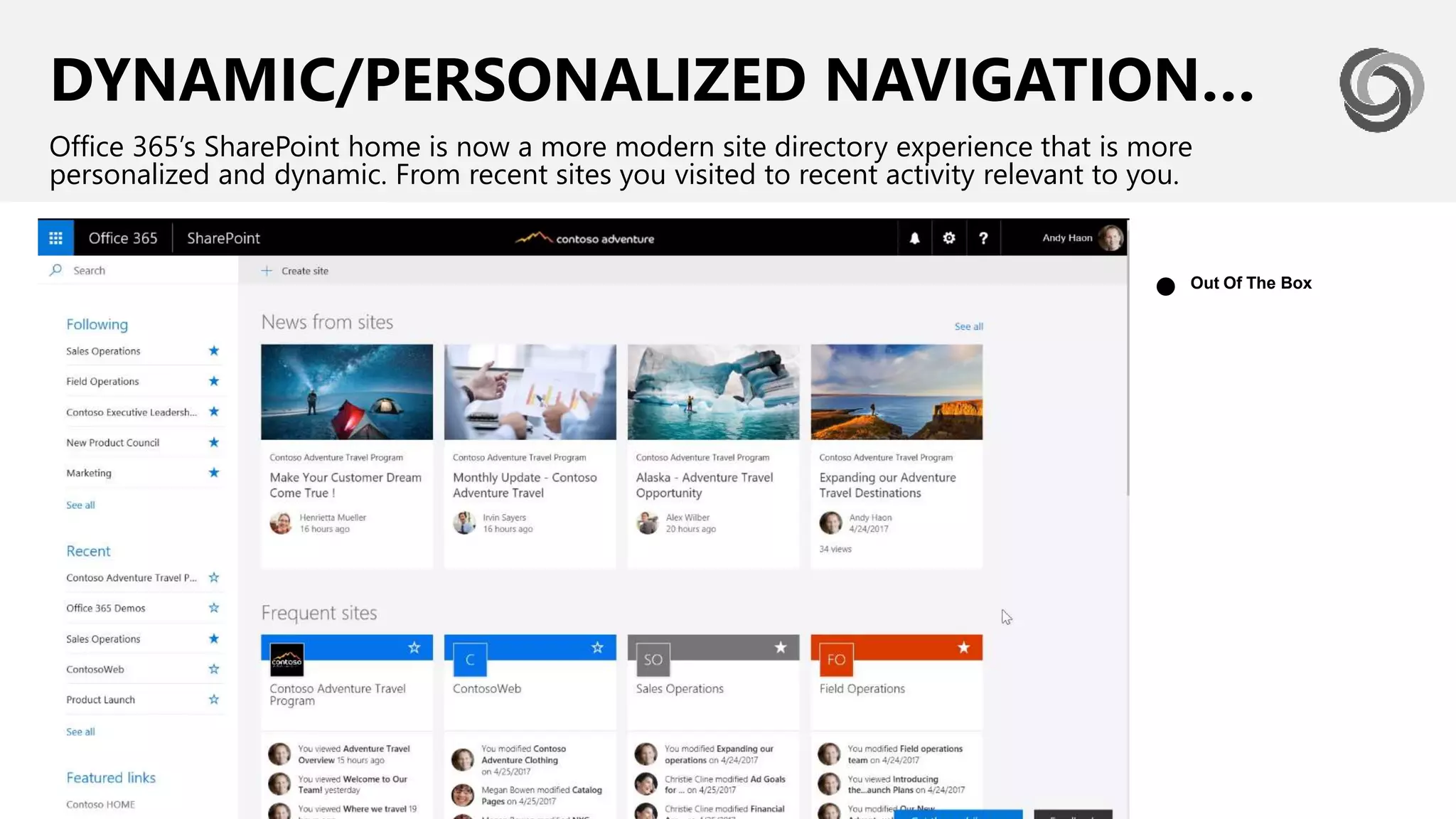DYNAMIC/PERSONALIZED NAVIGATION…
Office 365’s SharePoint home is now a more modern site directory experience that is more
personalized and dynamic. From recent sites you visited to recent activity relevant to you.
Out Of The Box
●
 