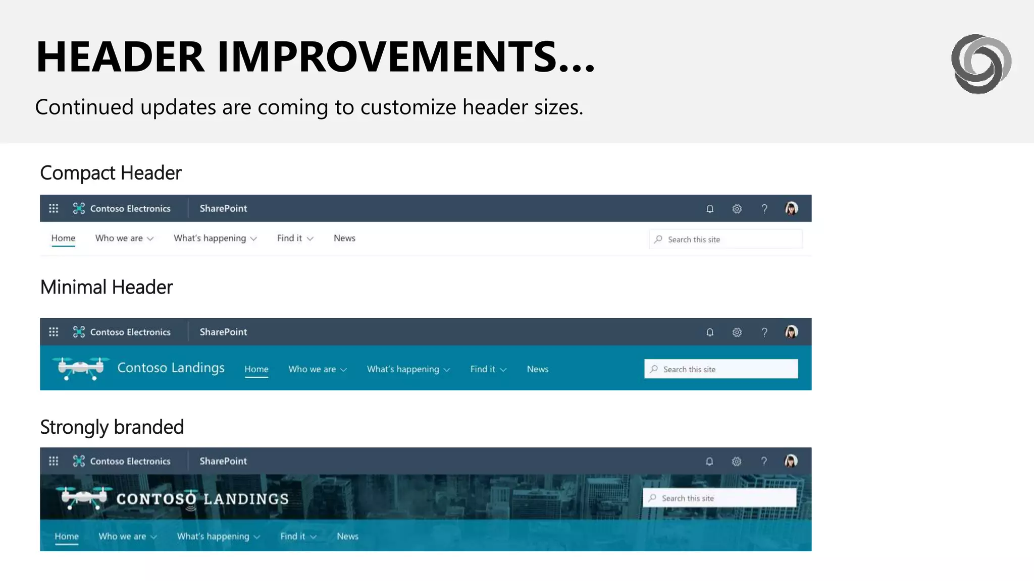HEADER IMPROVEMENTS…
Continued updates are coming to customize header sizes.
Minimal Header
Compact Header
Strongly branded
 