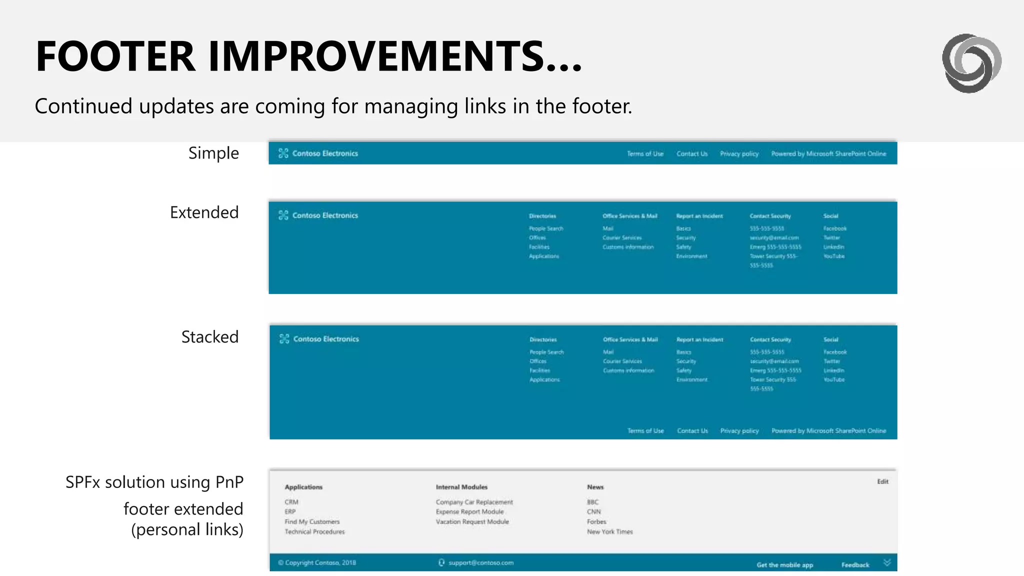 FOOTER IMPROVEMENTS…
Continued updates are coming for managing links in the footer.
Extended
Simple
Stacked
SPFx solution using PnP
footer extended
(personal links)
 