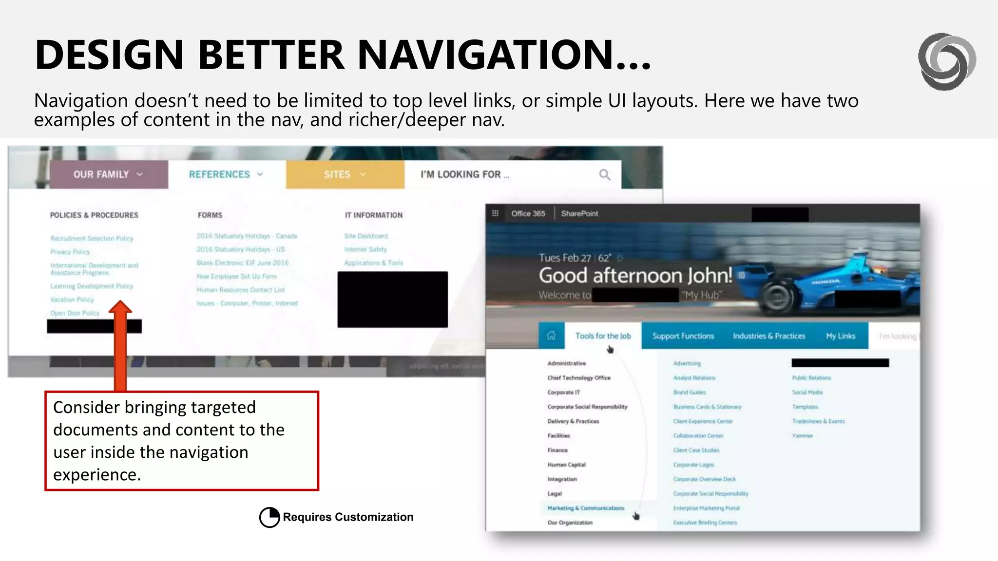 DESIGN BETTER NAVIGATION…
Navigation doesn’t need to be limited to top level links, or simple UI layouts. Here we have two
examples of content in the nav, and richer/deeper nav.
Consider bringing targeted
documents and content to the
user inside the navigation
experience.
Requires Customization
◔
 