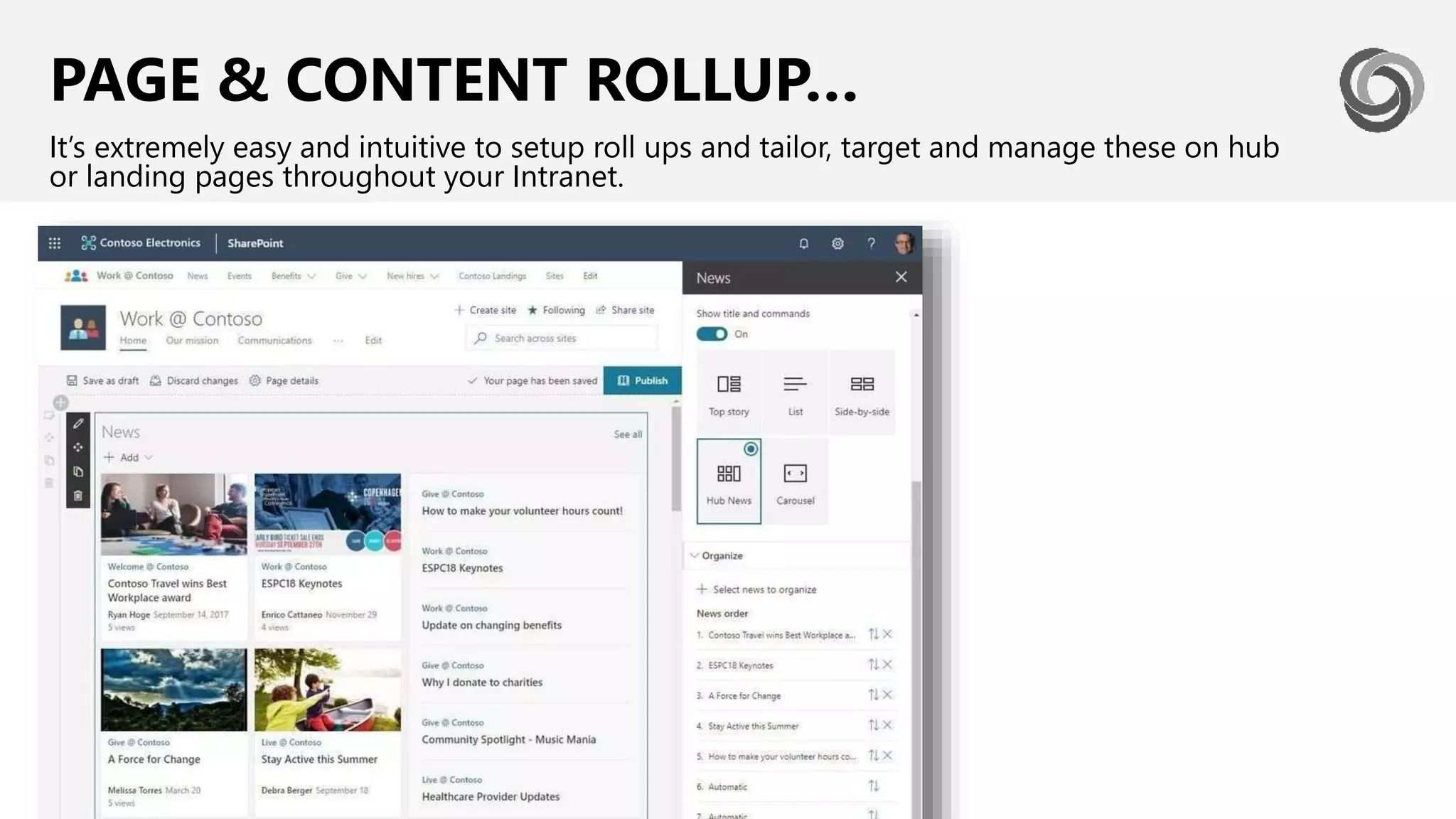 PAGE & CONTENT ROLLUP…
It’s extremely easy and intuitive to setup roll ups and tailor, target and manage these on hub
or landing pages throughout your Intranet.
 