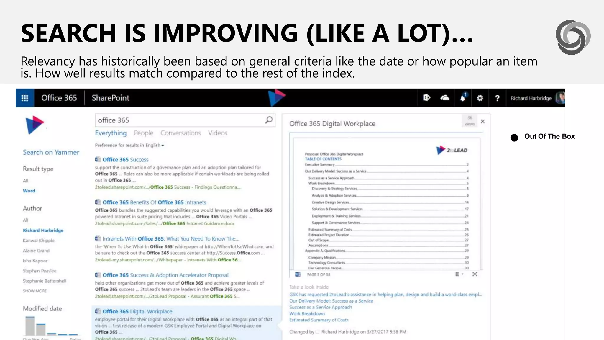 SEARCH IS IMPROVING (LIKE A LOT)…
Relevancy has historically been based on general criteria like the date or how popular an item
is. How well results match compared to the rest of the index.
Out Of The Box
●
 