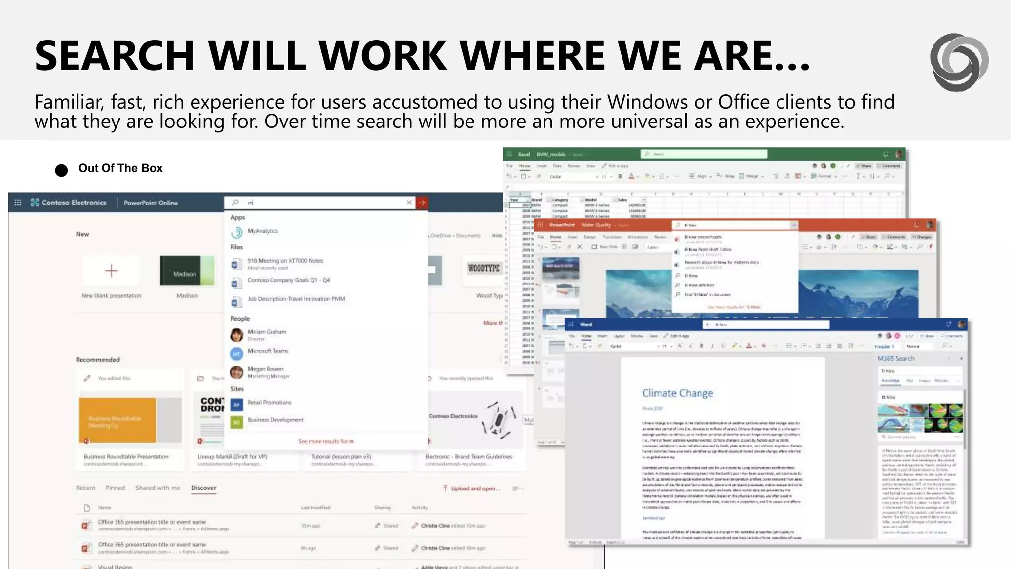 SEARCH WILL WORK WHERE WE ARE…
Familiar, fast, rich experience for users accustomed to using their Windows or Office clients to find
what they are looking for. Over time search will be more an more universal as an experience.
Out Of The Box
●
 