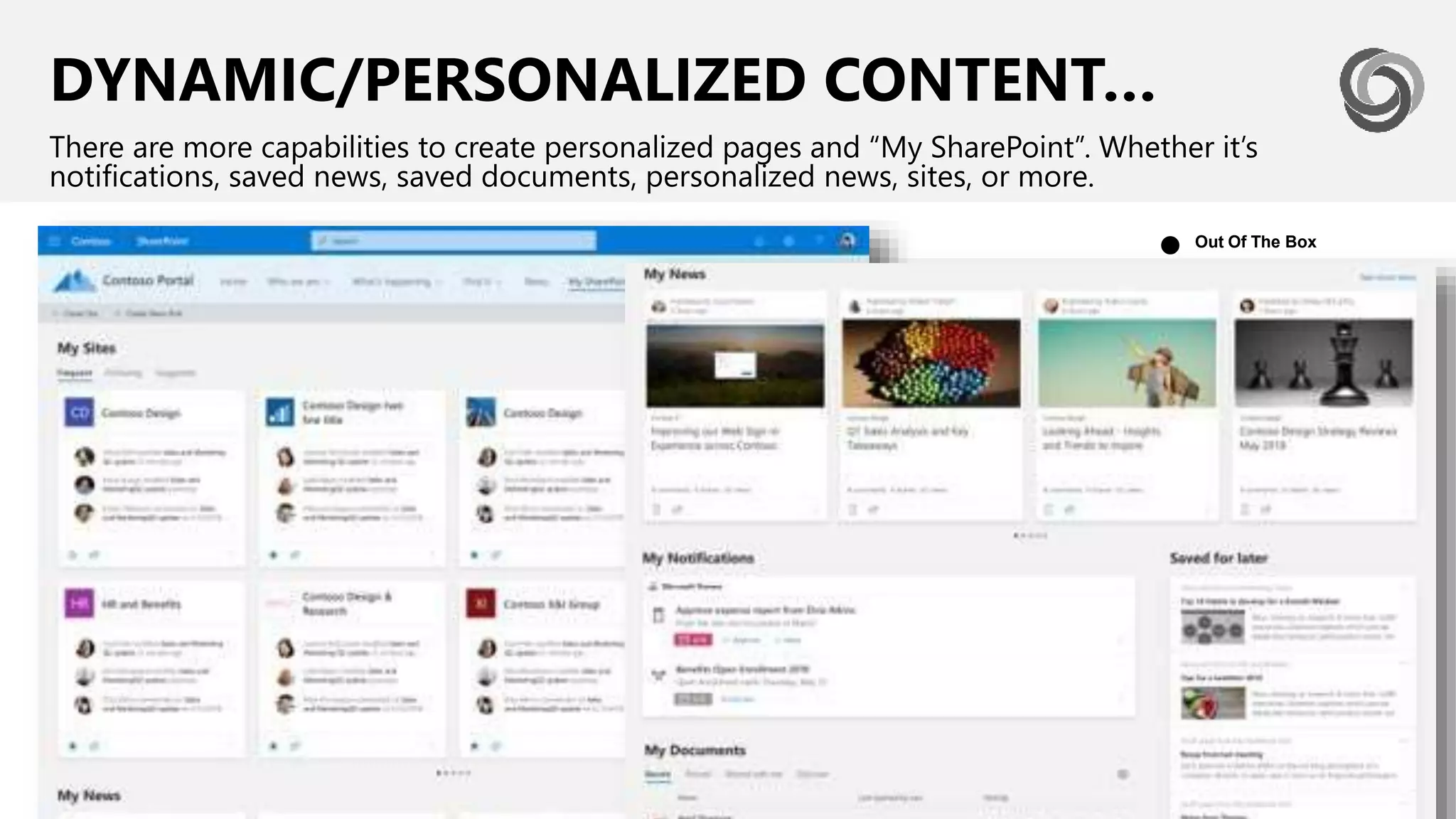 DYNAMIC/PERSONALIZED CONTENT…
There are more capabilities to create personalized pages and “My SharePoint”. Whether it’s
notifications, saved news, saved documents, personalized news, sites, or more.
Out Of The Box
●
 