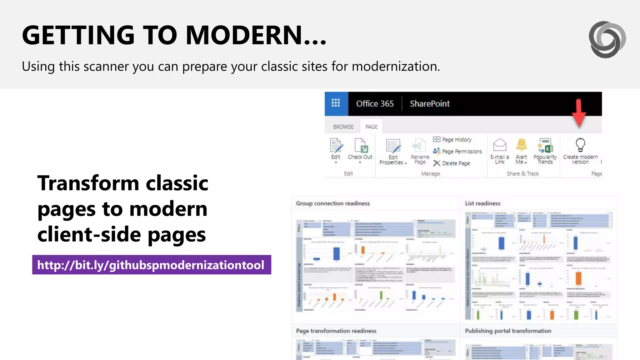 GETTING TO MODERN…
Using this scanner you can prepare your classic sites for modernization.
Transform classic
pages to modern
client-side pages
http://bit.ly/githubspmodernizationtool
 