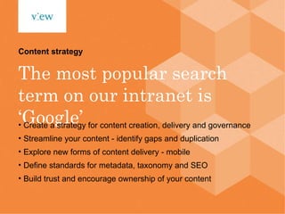 The most popular search term on our intranet is ‘Google’ Content strategy Create a strategy for content creation, delivery and governance Streamline your content - identify gaps and duplication Explore new forms of content delivery - mobile Define standards for metadata, taxonomy and SEO Build trust and encourage ownership of your content 