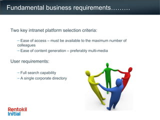 Fundamental business requirements……… Two key intranet platform selection criteria: Ease of access – must be available to the maximum number of colleagues Ease of content generation – preferably multi-media User requirements: Full search capability A single corporate directory 