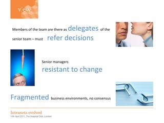 Senior managers   resistant to change Fragmented   business environments, no consensus Members of the team are there as   delegates   of the senior team – must   refer decisions 